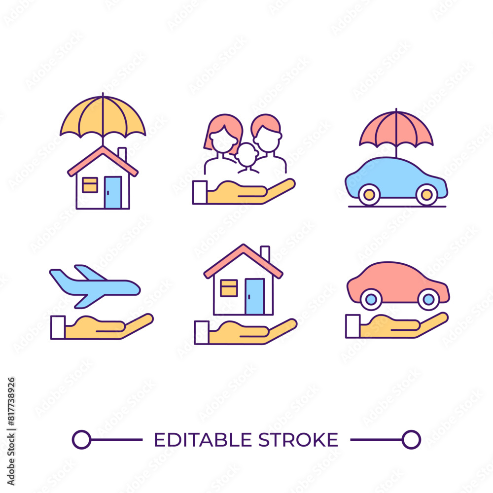 Sticker Insurance services RGB color icons set. Life and property insurance. Risk management. Family protection. Isolated vector illustrations. Simple filled line drawings collection. Editable stroke