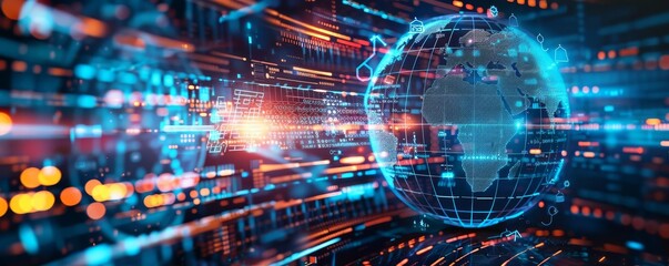 Futuristic globe on a digital interface, illustrating global data flows and connectivity in a world driven by technology
