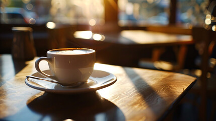 Obraz premium Cup of coffee on a wooden table in a cozy cafe. A cup of coffee sits on a wooden table in a cozy cafe, illuminated by warm sunlight streaming through the window..