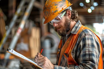 Man in safety glasses and a hard hat writing on a clipboard
