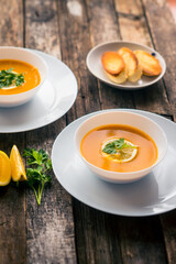 Lentil-pumpkin soup in a white plate