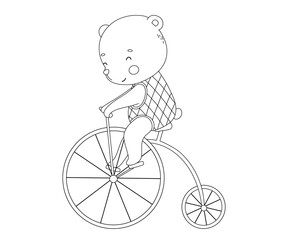 Outline cute baby circus bear on bicycle. Funny forest animal on retro bike in vintage costume. Hand drawn isolated line illustration for coloring book