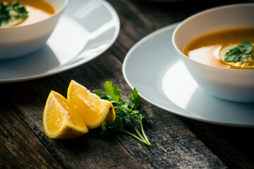 Lentil-pumpkin soup in a white plate