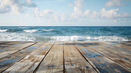 Fototapeta premium Blank Wooden table with sea background front view