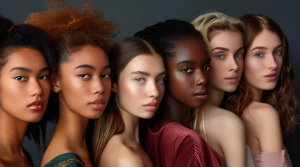 Obraz premium Group of different ethnicity women. Multicultural diversity and friendship. Female faces with different skin type and color.