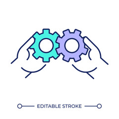 Collaboration RGB color icon. Hands holding gears. Symbol of teamwork and collective work. Process optimization. Isolated vector illustration. Simple filled line drawing. Editable stroke