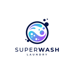 colorful and shiny water splashes and soap bubbles in washing machine for laundry logo