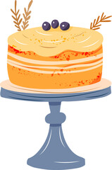 Cake on a cake stand. Hand drawn illustration with grainy texture. Flat style vector