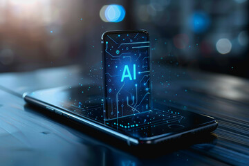 Transparent smartphone display on with AI text to the screen for futuristic technology concepts.