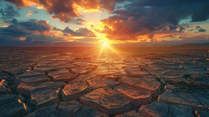Powerful environmental message depicted through a landscape of cracked earth under a glowing sunset, urging awareness and action
