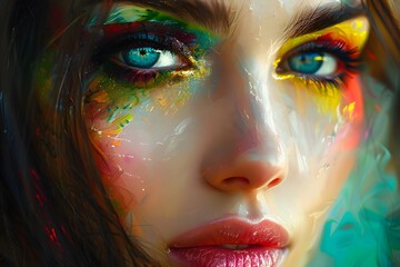 Painting of a woman with vibrant makeup and artistic makeup