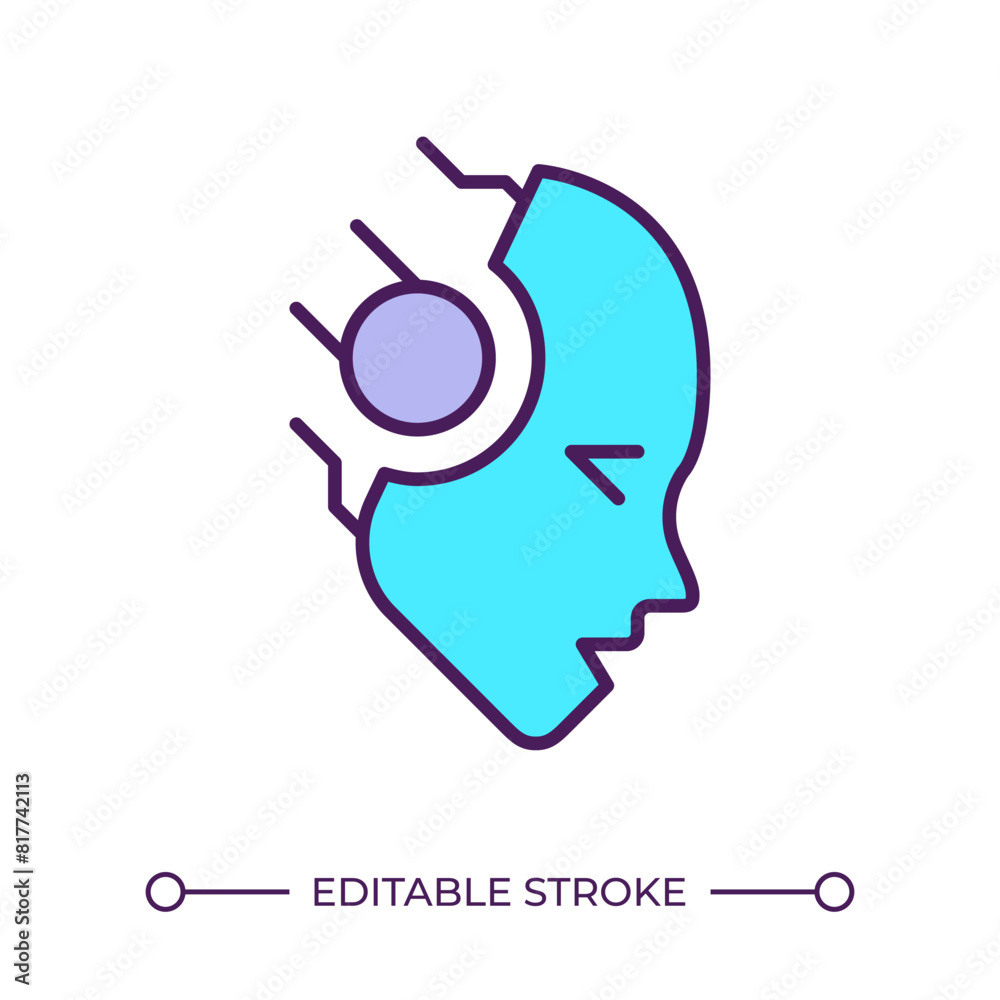 Sticker Robot head RGB color icon. Human enhancement. Artificial intelligence. Transhumanism. Digital transformation. Isolated vector illustration. Simple filled line drawing. Editable stroke