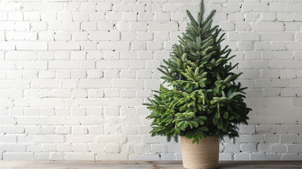 Beautiful Christmas tree in pot on table near white brick wall - Powered by Adobe