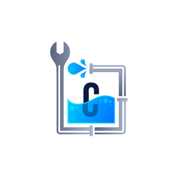 rectangle plumbing, wrench and water drop with letter C for plumbing repair service logo