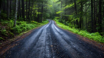 Naklejka premium Wet road surrounded by trees and grass