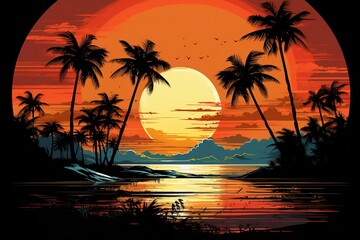 Tropical Sunset Over a Beach with Palm Trees