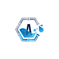 hexagonal plumbing and water drop with letter A for plumbing repair service logo