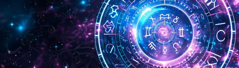 Circular zodiac signs surrounded by glowing light, cosmic and mystical atmosphere, digital design, vibrant blue and purple, radiating energy