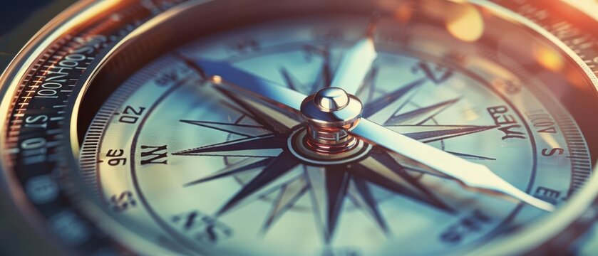 Closeup of a compass with the needle pointing towards Success, high contrast, sharp focus, metallic details, representing direction and achievement