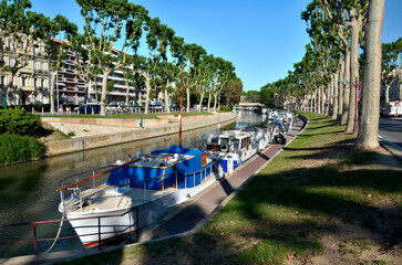 Canal of the Robine (canal de la Robine) at Narbonne, town located in the Aude department and the...