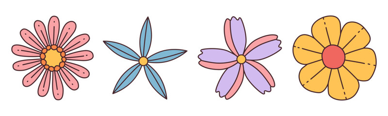 Collection of spring colorful flower. Set Trendy groovy wildflower 70s Vintage style isolated on white. Hand drawn blossom doodle illustration. Bright colorful flowers. Retro floral vector design.