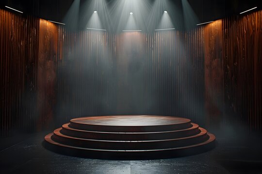 Circular wooden stage with spotlights