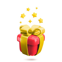 Vector Cartoon 3d festive red gift box icon. Cute realistic closed present with gold bow and stars confetti. 3d render prize illustration for win concept, birthday congrats, Christmas sale.