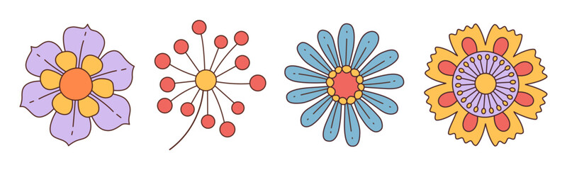 Collection of spring colorful flower. Set Trendy groovy wildflower 70s Vintage style isolated on white. Hand drawn blossom doodle illustration. Bright colorful flowers. Retro floral vector design.