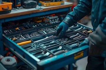 Man standing in a workshop with a drawer full of various tools