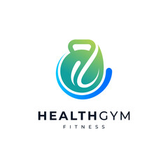 kettlebell with leave and water for healthy fitness logo design