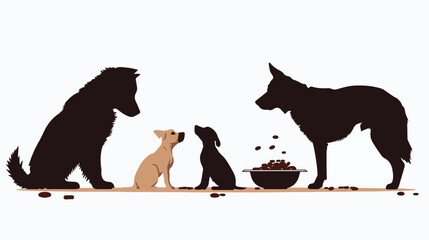 Silhouette of dogs with bowl and pet food on white background