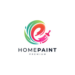 colorful letter E with paintbrush, leaves and color splash for real estate and home painting