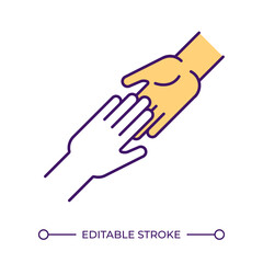 Obraz premium Human connection RGB color icon. Touching hands. Emotional support. People helping people. Interpersonal relationship. Isolated vector illustration. Simple filled line drawing. Editable stroke