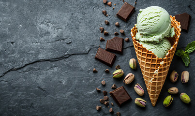 A tempting photograph featuring a green pistachio and chocolate ice cream scoop in a cone against a gray background. This image highlights the deliciousness and artistry of gourme.