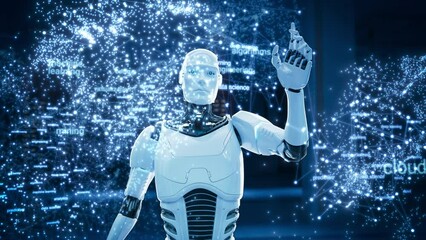 Slow Motion AI Robot Interacting with a Metaverse Environment, Highlighting Advanced Machine Learning and Data Science Concepts, Enhanced by Cloud Computing and Neural Network Integration