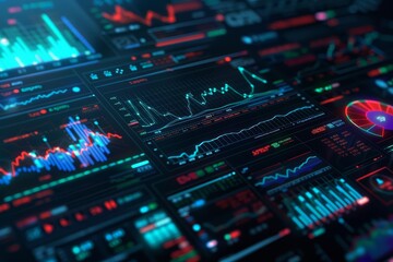 Fototapeta premium Futuristic financial dashboard with 3D holographic charts, glowing line graphs, and a dark tech background, neon blue, high resolution