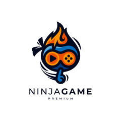 arcade and adventure games logo with console and ninja in cartoon or mascot logo style