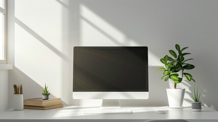 Minimalist office background featuring a clean desk with a modern computer display.