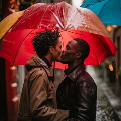On a rainy autumn day, a contented homosexual couple strolls beneath a black umbrella.