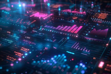 Fototapeta premium Futuristic financial data visualization with glowing holograms, digital charts, and a dark background, neon blue, hightech