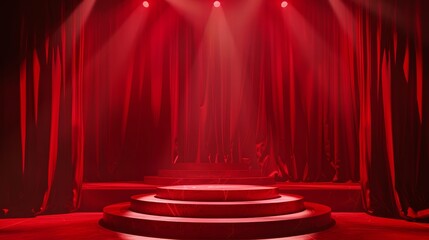 Movie award podium on a stage bathed in red spotlight, close up on cinematic elegance, theme of winner announcements, realistic, Multilayer, film festival backdrop