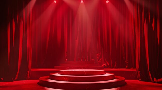 Movie award podium on a stage bathed in red spotlight, close up on cinematic elegance, theme of winner announcements, realistic, Multilayer, film festival backdrop