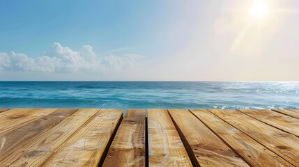 Fototapeta premium Blank Wooden table with sea background front view