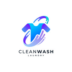 colorful and shiny laundry logo with accents of clothes, hands, soap rinses and water splashes