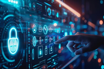 Obraz premium Hand interacting with a holographic interface displaying cybersecurity icons