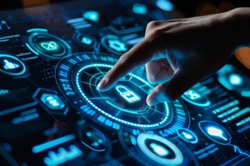 Obraz premium Hand interacting with a holographic interface displaying cybersecurity icons