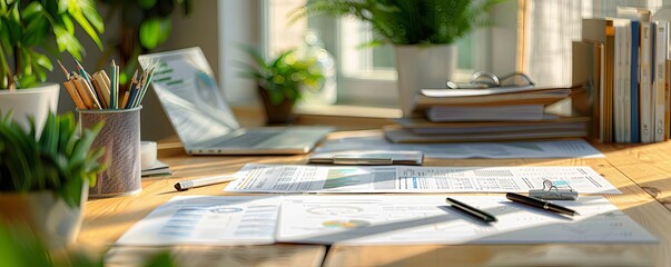 An artistic impression of a financial advisors desk, with documents and plans made of recycled paper and plant ink