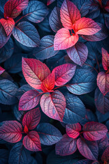 Vivid Contrast of Blue and Red Leaves. A rich tapestry of blue and red leaves creates a stunning visual contrast, showcasing the vibrant and dynamic range of nature's palette.