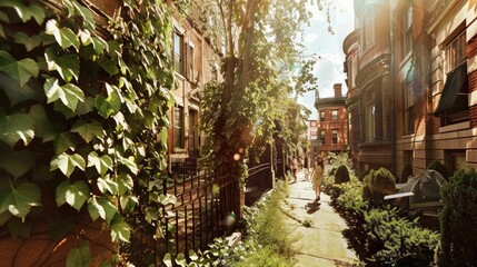 Fototapeta premium Charming Sunlit Alleyway, Historic Residential Street, Lush Green Foliage, Quaint Urban Architecture, Tranquil Cityscape