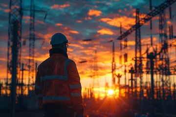 Fototapeta premium Worker in orange jacket and hard hat standing in front of power lines